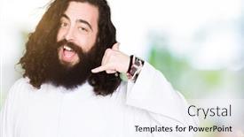  Presentation with jesus christ - PPT theme enhanced with man wearing jesus christ costume smiling doing phone gesture with hand and fingers like talking on the telephone communicating concepts background and a sky blue colored foreground