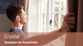  Presentation with curtains - Presentation theme consisting of man wearing pajamas opening bedroom curtains at start of new day background and a coral colored foreground