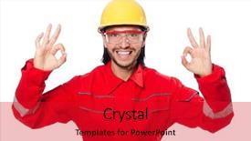  Presentation with red - Cool new presentation theme with man wearing red coveralls isolated backdrop and a crimson colored foreground
