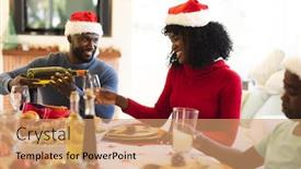  Presentation with dining table - Slide set featuring man-wearing-santa-hat-pouring background and a coral colored foreground