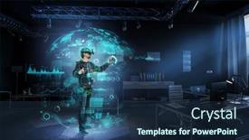  Presentation with virtual - PPT theme enhanced with man-wearing-virtual-reality-goggles background and a navy blue colored foreground