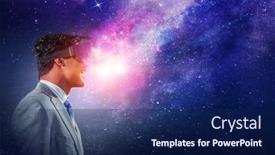  Presentation with virtual reality - Beautiful presentation featuring man-wearing-virtual-reality-goggles backdrop and a navy blue colored foreground