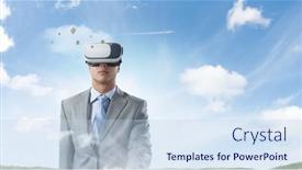 Presentation with virtual reality - PPT theme enhanced with man-wearing-virtual-reality-goggles background and a sky blue colored foreground