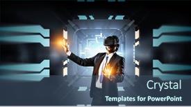  Presentation with virtual reality - Presentation theme enhanced with man-wearing-virtual-reality-goggles background and a ocean colored foreground