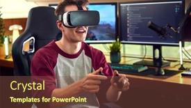  Presentation with virtual reality - Presentation design enhanced with man-wearing-virtual-reality-headset background and a tawny brown colored foreground