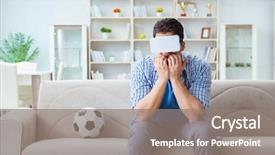  Presentation with virtual reality - Cool new presentation design with man wearing virtual reality vr backdrop and a gray colored foreground