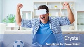  Presentation with artificial intelligence virtual reality - Colorful presentation design enhanced with man wearing virtual reality vr backdrop and a teal colored foreground