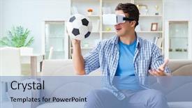  Presentation with virtual reality rehabilitation - PPT layouts enhanced with man wearing virtual reality vr background and a light blue colored foreground