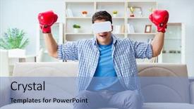  Presentation with artificial intelligence virtual reality - PPT theme consisting of man wearing virtual reality vr background and a  colored foreground