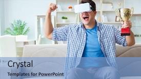 Presentation with virtual reality - Cool new PPT theme with man wearing virtual reality vr backdrop and a light blue colored foreground