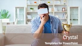  Presentation with prize - Audience pleasing PPT theme consisting of man wearing virtual reality vr backdrop and a coral colored foreground