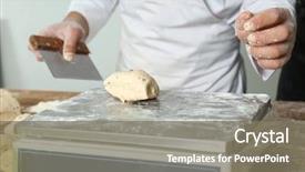  Presentation with weighing scale - Slide deck consisting of man weighing raw dough background and a gray colored foreground