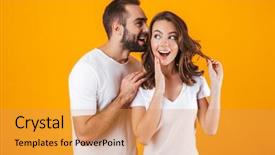  Presentation with reveal secret angels - Colorful presentation design enhanced with man whispering secret or interesting backdrop and a gold colored foreground