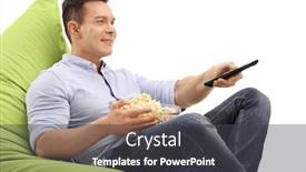  Presentation with remote - Amazing theme having man with a bowl of popcorn and a remote control sitting on a beanbag and watching television isolated on white background backdrop and a dark gray colored foreground