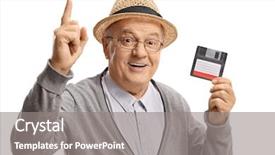  Presentation with holding hotdog - Cool new PPT theme with man with a floppy disk backdrop and a gray colored foreground