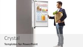  Presentation with grocery bag - Amazing PPT theme having man-with-a-grocery-bag backdrop and a light gray colored foreground