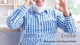  Presentation with cervical spine - Colorful presentation design enhanced with man with a head neck spine trauma wearing a neck brace cervical backdrop and a light blue colored foreground