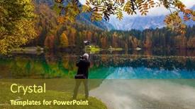  Presentation with green lake - Presentation design consisting of man-with-a-photo-bag background and a tawny brown colored foreground