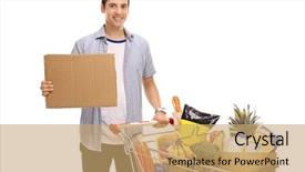  Presentation with groceries cart - Audience pleasing PPT layouts consisting of man with a shopping cart backdrop and a coral colored foreground