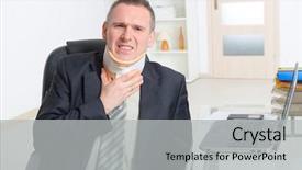  Presentation with cervical - Presentation theme with man with a surgical cervical collar suffering from neck pain at work background and a light gray colored foreground