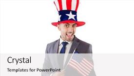  Presentation with grave marker american flag - PPT theme featuring man with american flag background and a white colored foreground