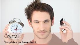  Presentation with alarm - PPT theme enhanced with man with an alarm clock background and a  colored foreground