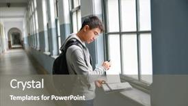  Presentation with conflict people college - Colorful PPT theme enhanced with man with backpack and schoolbooks backdrop and a  colored foreground