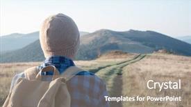  Presentation with backpack - Presentation design having man with backpack on mountains background and a  colored foreground