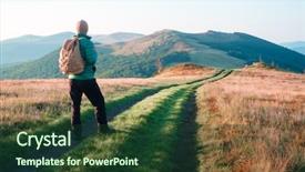  Presentation with backpack - Amazing theme having man with backpack on mountains backdrop and a tawny brown colored foreground
