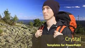  Presentation with adventure - Presentation theme having man with backpack standing on top of a mountain and looks into the distance mountain tourism adventure and travel background and a tawny brown colored foreground
