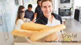  Presentation with salad - Presentation design consisting of man-with-baguette-and-salad background and a coral colored foreground