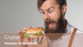  Presentation with junk food - Presentation enhanced with man with beard in white shirt and suspenders eating junk food from a fast food hamburger or cheeseburger on gray background background and a coral colored foreground