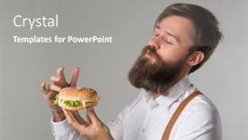  Presentation with junk food - Beautiful presentation theme featuring man with beard in white shirt and suspenders eating junk food from a fast food hamburger or cheeseburger on gray background backdrop and a gray colored foreground