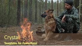  Presentation with forest fire - Beautiful presentation theme featuring man-with-big-dog-sits backdrop and a tawny brown colored foreground