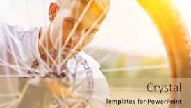  Presentation with tire - Cool new PPT theme with man-with-bike-breaks-down backdrop and a coral colored foreground