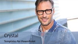  Presentation with of blue jeans denim - Presentation design with man with blue jeans jacket background and a teal colored foreground