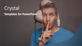  Presentation with man head in hands - Colorful slide set enhanced with man-with-bra-head-secret backdrop and a gray colored foreground