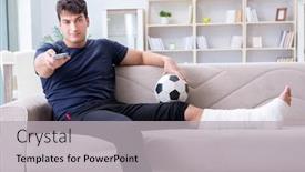  Presentation with broken leg - Beautiful presentation design featuring man with broken leg recovering at home backdrop and a light gray colored foreground