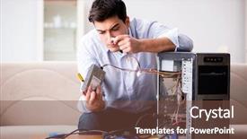  Presentation with computer - Colorful slides enhanced with man with broken pc computer backdrop and a  colored foreground