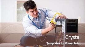  Presentation with failure - Audience pleasing slide deck consisting of man with broken pc computer backdrop and a tawny brown colored foreground