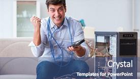  Presentation with computer hardware bus - Slide deck having man with broken pc computer background and a  colored foreground