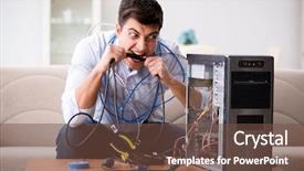  Presentation with maintenance of computer - PPT layouts featuring man with broken pc computer background and a tawny brown colored foreground