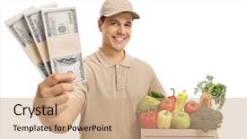 Presentation with gourmet food delivery - Colorful presentation enhanced with man with bundles of money backdrop and a coral colored foreground