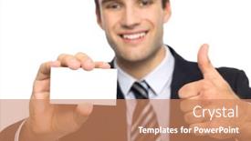  Presentation with business card - Slide set featuring man with business card showing thumbs up background and a coral colored foreground