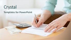  Presentation with money notes - Cool new presentation theme with tourist girl in checkered shirt in the open air museum near stone with ancient petroglyph of goats at kyrgyzstan backdrop and a gray colored foreground