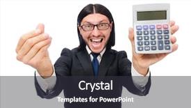  Presentation with calculator - Slide deck having man with calculator isolated on white background and a dark gray colored foreground
