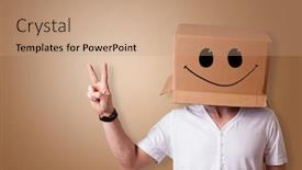  Presentation with man head in hands - PPT theme featuring man with cardboard box head background and a coral colored foreground