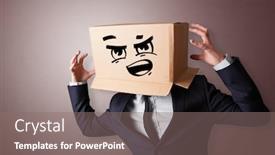  Presentation with man head in hands - Presentation theme having man-with-cardboard-box-head background and a gray colored foreground