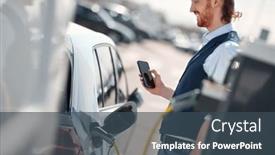  Presentation with refueling - Presentation having man-with-cellphone-refueling-car background and a ocean colored foreground