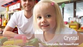  Presentation with children little child girl plays - Beautiful PPT theme featuring man with children playing together backdrop and a coral colored foreground